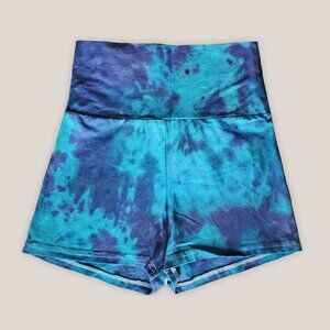 NWT Zerya Blue Tie Dye Yoga Shorts Wide Waistband Cotton Hot Pants